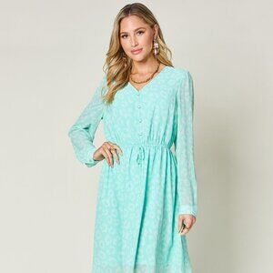 Double Take Full Size Printed Ruched V-Neck Long Sleeve Dress